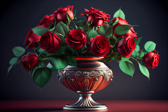 Beautiful red roses in vase.  Generative AI.