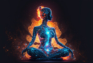 Fototapeta na wymiar Woman sitting in yoga lotus pose and her connection to space.Generate AI