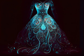 Bioluminescence  neon dress. Abstract fashion wedding.  Generative AI.