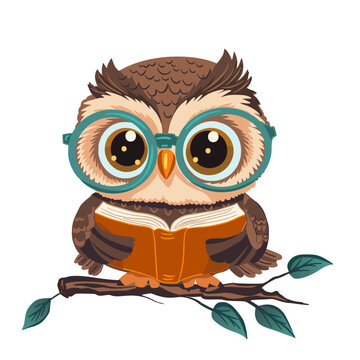 Naklejka Cartoon cute wise owl with a book vector character. Smart animal, kids cheerful illustration. Colorful funny beautiful design.