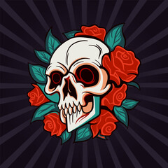 Skull head and rose flower, symbol drawing print. Dead vector retro death ornament