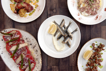 Great Spanish food tapas with fried anchovies with mayonnaise, fried criadillas, Galician octopus and tuna belly salad with tomato and onion