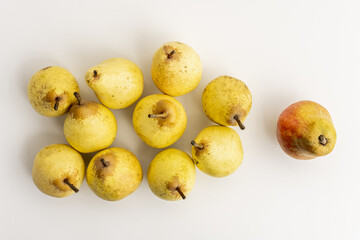 A bunch of delicious ripe yellow and one different pears viewed from above on a white table