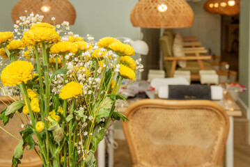 A bouquet of flowers decorating a beauty salon with many jobs