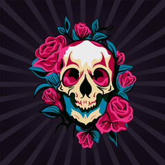 Skull head and rose flower, symbol drawing print. Dead vector retro death ornament