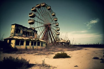 Foto auf Acrylglas Abandoned amusement park with a ferris wheel in the b, created with Generative AI technology © tookitook