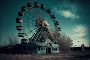 Foto auf Leinwand Abandoned amusement park with a ferris wheel in the b, created with Generative AI technology © tookitook