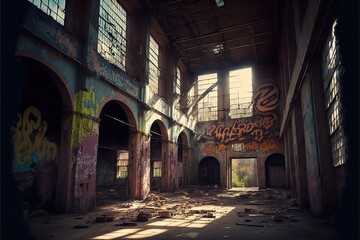 Abandoned factory with graffiti on the walls, created with Generative AI technology