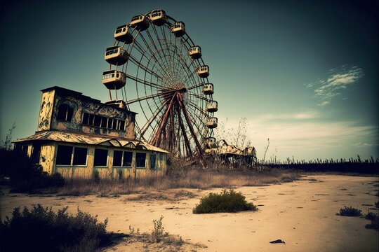 Abandoned amusement park with a ferris wheel in the b, created with Generative AI technology