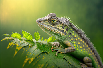 Fototapeta premium Wildlife, adorable lizard on the leaf. Selective focus.