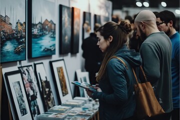 Art fair with a diverse range of businesses exhibiting art, created with Generative AI technology - obrazy, fototapety, plakaty