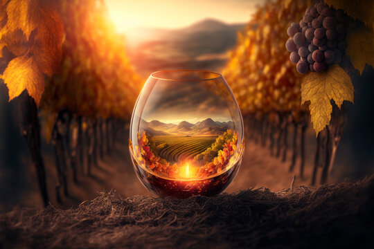 Glass Of Wine In A Vineyard At Sunset, Generative Ai