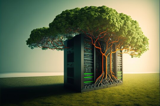 Bright server room with trees and grass growing out out of servers, created with Generative AI technology