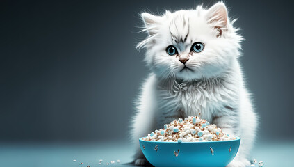 Cute white baby cat eating by ai generative