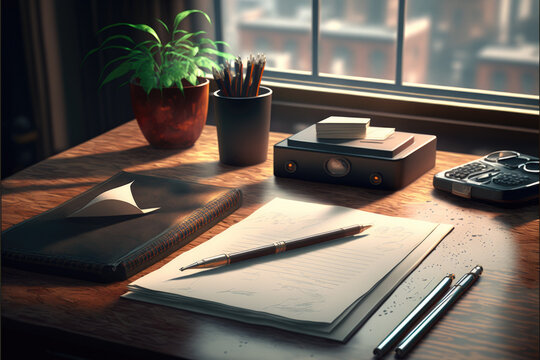 Clean, modern office desk with pen and paper &mdash; Generative AI