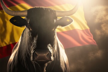 Black bull in front of spain flag. Generative AI