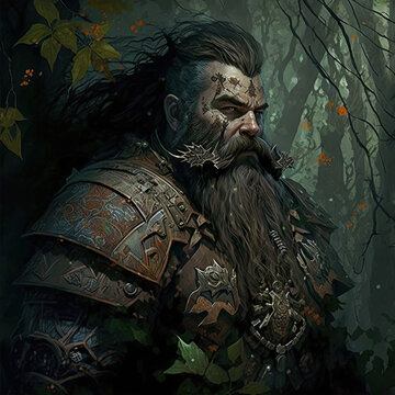 RPG dwarf paladin in a forest (AI generated)