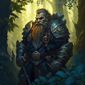 RPG dwarf paladin in a forest (AI generated)