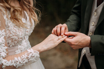 Fototapeta premium Embracing the hands of newlyweds with wedding rings 4380.