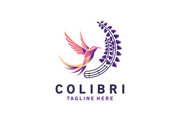 Obraz premium Flying colibri bird logo vector illustration design sucking lupine nectar