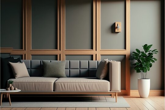 Interior of cozy modern living room with sofa. Generative AI