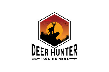 Wild deer logo design with vintage sunset nature background