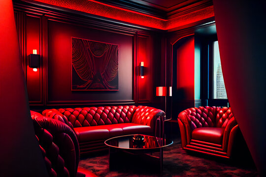 Red Interior of luxury nightclub, restaurant.  Lounge bar.  Generative AI.