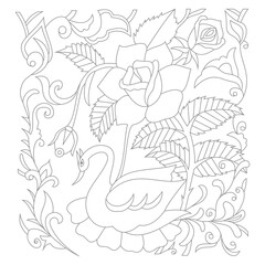 Cute Birds and Easy relaxing potted Rose Flowers Doodle Coloring Page for Adults and kids