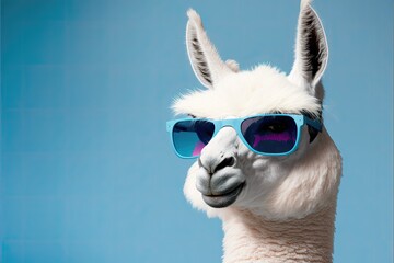 Fototapeta premium White llama wearing blue glasses. Generative AI