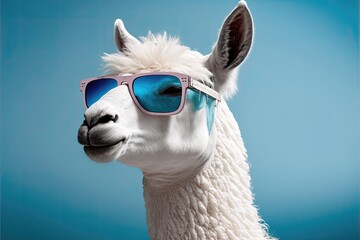 White llama wearing blue glasses. Generative AI - obrazy, fototapety, plakaty