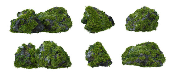Architectural and landscape concept. Top and side view grey stone with moss isolated on transparent background. 3d rendering illustration. PNG format © TOP LAYER STUDIO