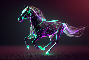 hologram horse with purple & green neon accents on dark background, generative ai