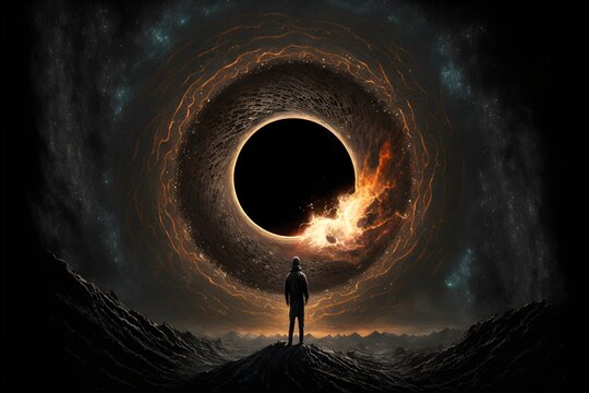 a man standing in front of a black hole