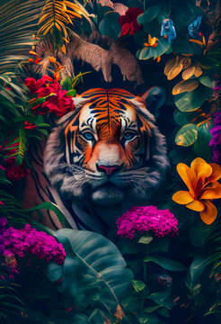 Tiger in the jungle.  Tropical floral seamless background with Tiger.  Generative AI.