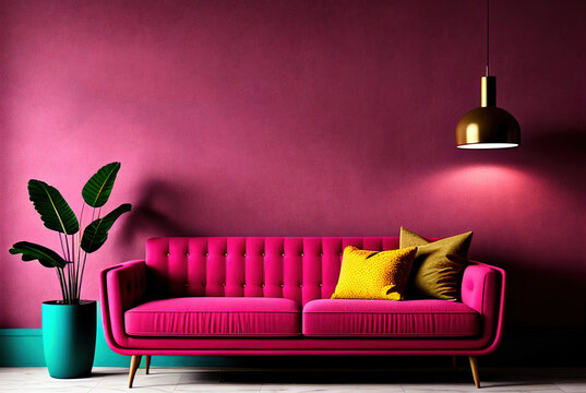 Viva Magenta Wall Background Mockup With Sofa Furniture And Midcentury Modern Decor 