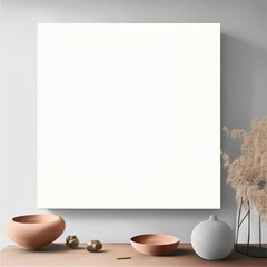 Blank canvas frame empty template on a modern minimalistic room. Boho decor mockup with neutral soft colors.