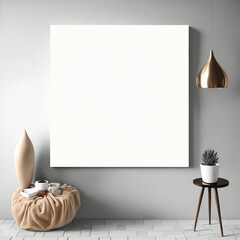 Blank canvas frame empty template on a modern minimalistic room. Boho decor mockup.  