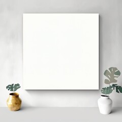 Blank canvas frame empty template on a modern minimalistic room. Boho decor mockup. 