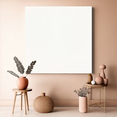 Blank canvas frame empty template on a modern boho room. Decor mockup. 