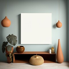 Blank canvas frame empty template on a modern room. Boho decor mockup. 