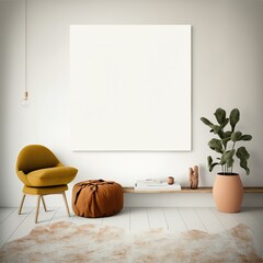 Blank canvas frame empty template on a modern boho room with an armchair, a floor pillow, and plants. Decor template or mockup. 