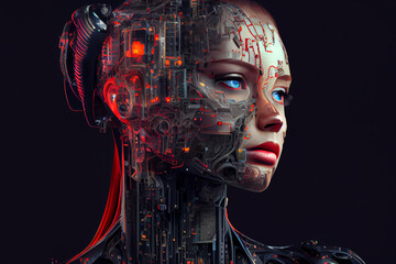 Künstliche Intelligenz mit Kabeln im Gesicht, Generative AI - obrazy, fototapety, plakaty