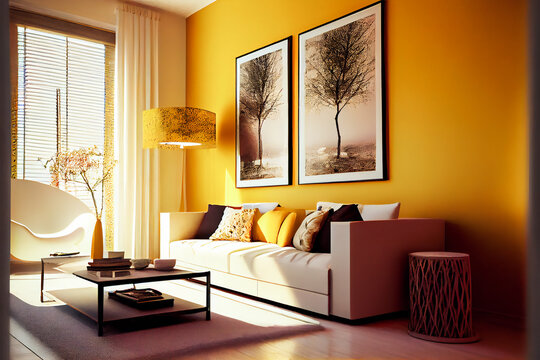 Yellow interior design. Living Room In  Yellow Color.  Generative AI.