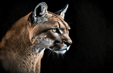 Cougar a large cat also called a Puma or Mountain lion.  Head shot of a beautiful native cat on a dark background. Generative ai. 