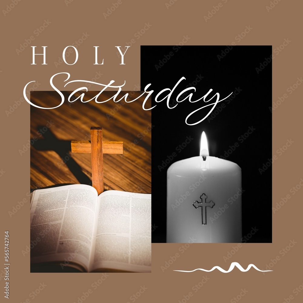 Wall mural Composition of holy saturday text and christian cross, bible and candle