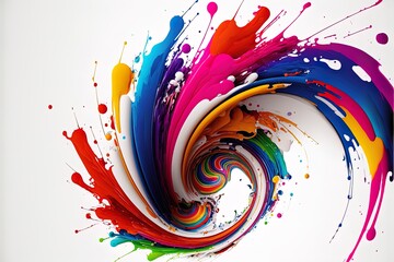 Abstract colorful bright vivid colors liquid acrylic paint motion flow on white background with swirls and paint explosions and drops. Business background template - obrazy, fototapety, plakaty