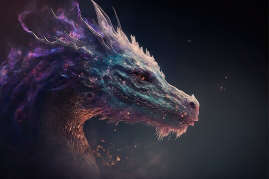  a dragon with a blue and purple tail and a black background with a red eye and a black background with a blue and purple tail and purple dragon.  generative ai