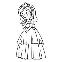 Fototapeta premium Cute princess in a ball gown. Coloring book A girl in a magical costume. Middle Ages. Vector illustration isolated on white background.