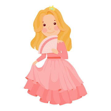 Cute princess in a lush pink dress. A girl in a magical costume. Middle Ages. Vector illustration isolated on white background.