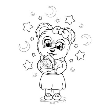 Coloring page. Cute cartoon teddy bear with a soft toy panda